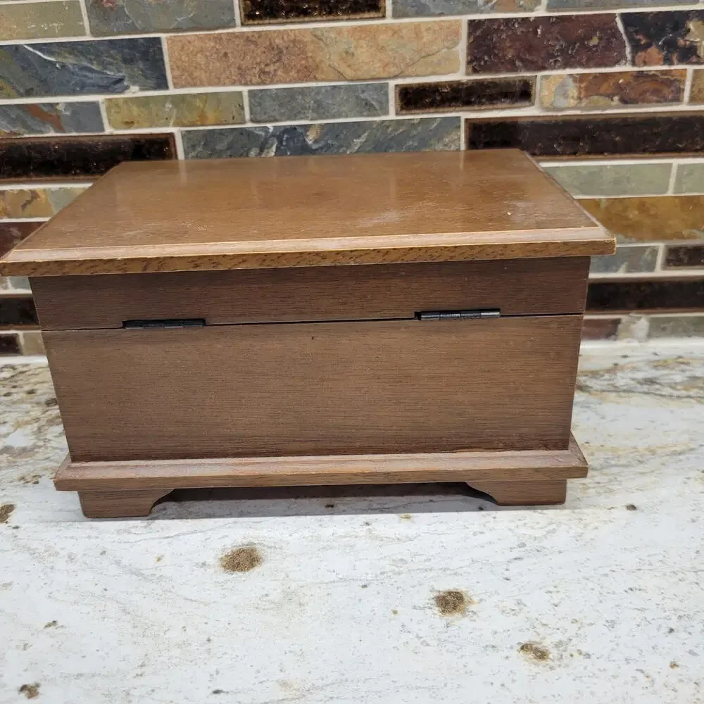 Vintage Wood Jewelry Chest, Smaller Red Fabric Inside, Mirror